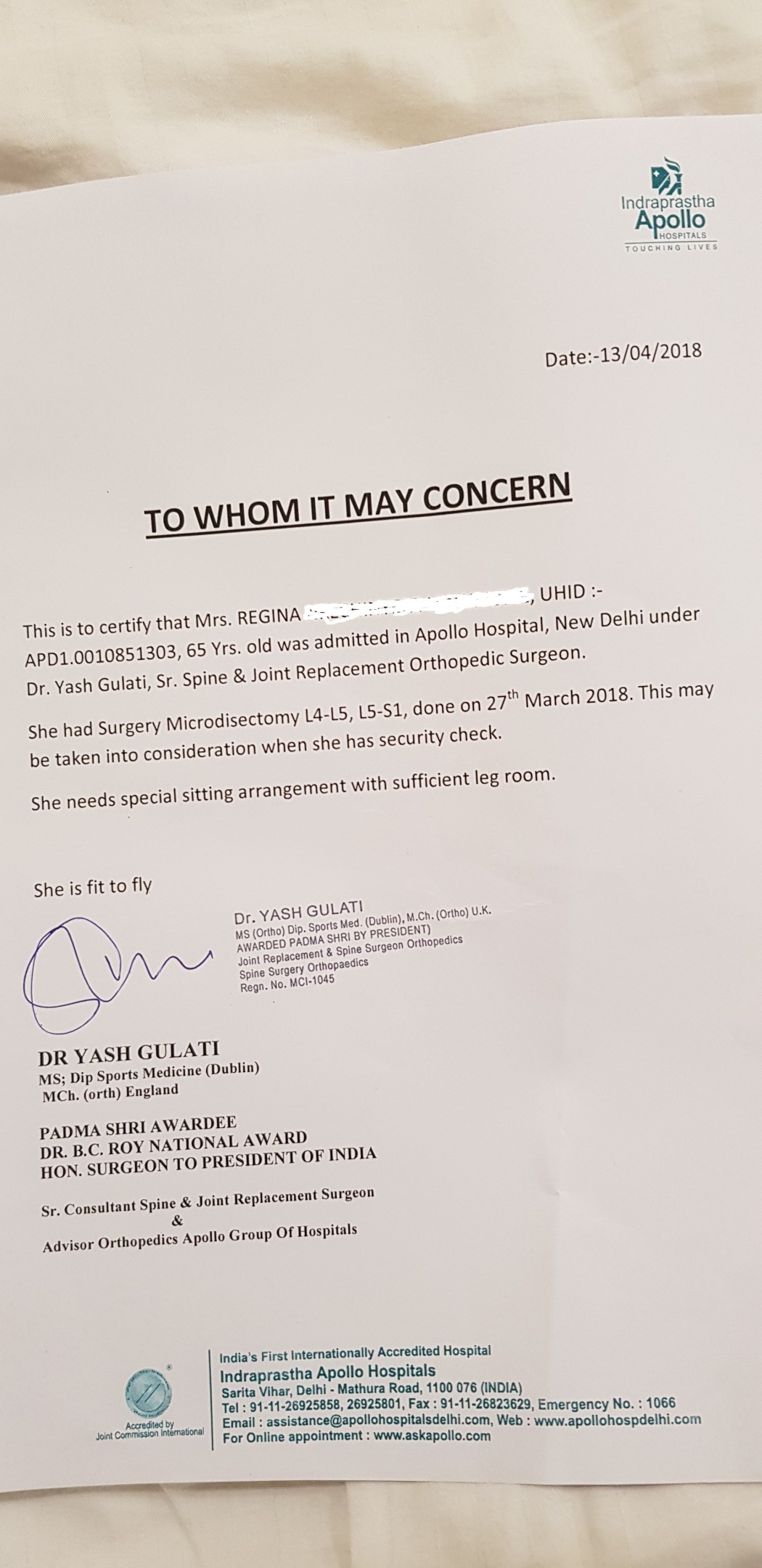 Fit to fly certificate